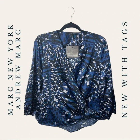 1184. Marc NEW YORK ANDREW MARC‎ 3/4 SLEEVE WRAP BLOUSE ANIMAL PRINT BLACK/BLUE - Picture 1 of 10
